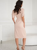 Elegant Fitted Dress with Wrap Neckline and Slit Sleeves