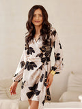Wrap Style Long Sleeve Mini Dress with Double Tie Waist