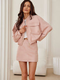 Elegant Suede Jacket with Stand-Up Collar and Flap Pockets