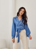 Chic Wrap Neckline Blouse with Tie Waist and Puffy Sleeves