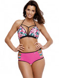 Floral Push-Up Swimsuit with Striped Details and High Bottoms
