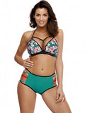 Floral Push-Up Swimsuit with Striped Accents and High Bottoms