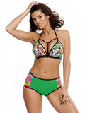 Floral Push-Up Swimsuit with Decorative Stripes and Piping