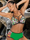 Floral Push-Up Swimsuit with Decorative Stripes and Piping