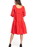 Ruffled Boat Neck Dress with Bouffant 3/4 Sleeves