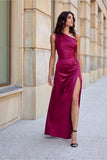 Elegant One-Shoulder Satin Dress with Stylish Leg Slit