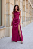 Elegant One-Shoulder Satin Dress with Stylish Leg Slit