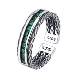S925 Sterling Silver Unique Design Emerald Zircon Woven Fried Dough Twist Open-ended Ring